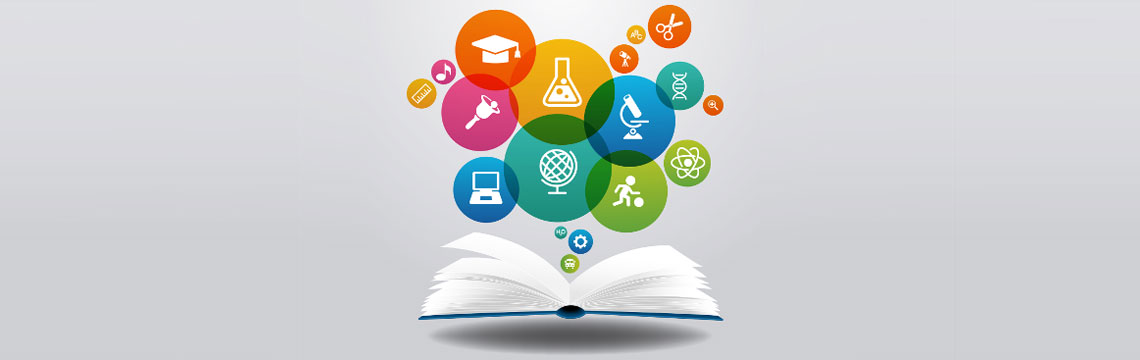 Open book with research icons bubbling up.