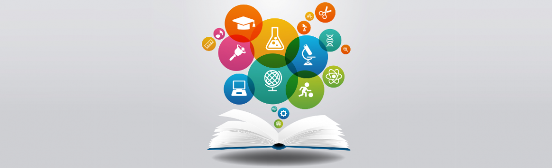 Open book with idea icons bubbling up