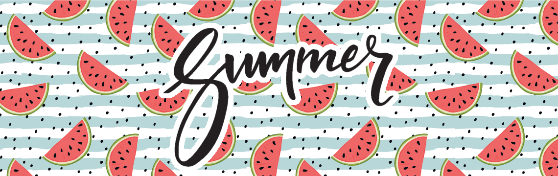 A repeating pattern of watermelon slices on a blue and white striped background